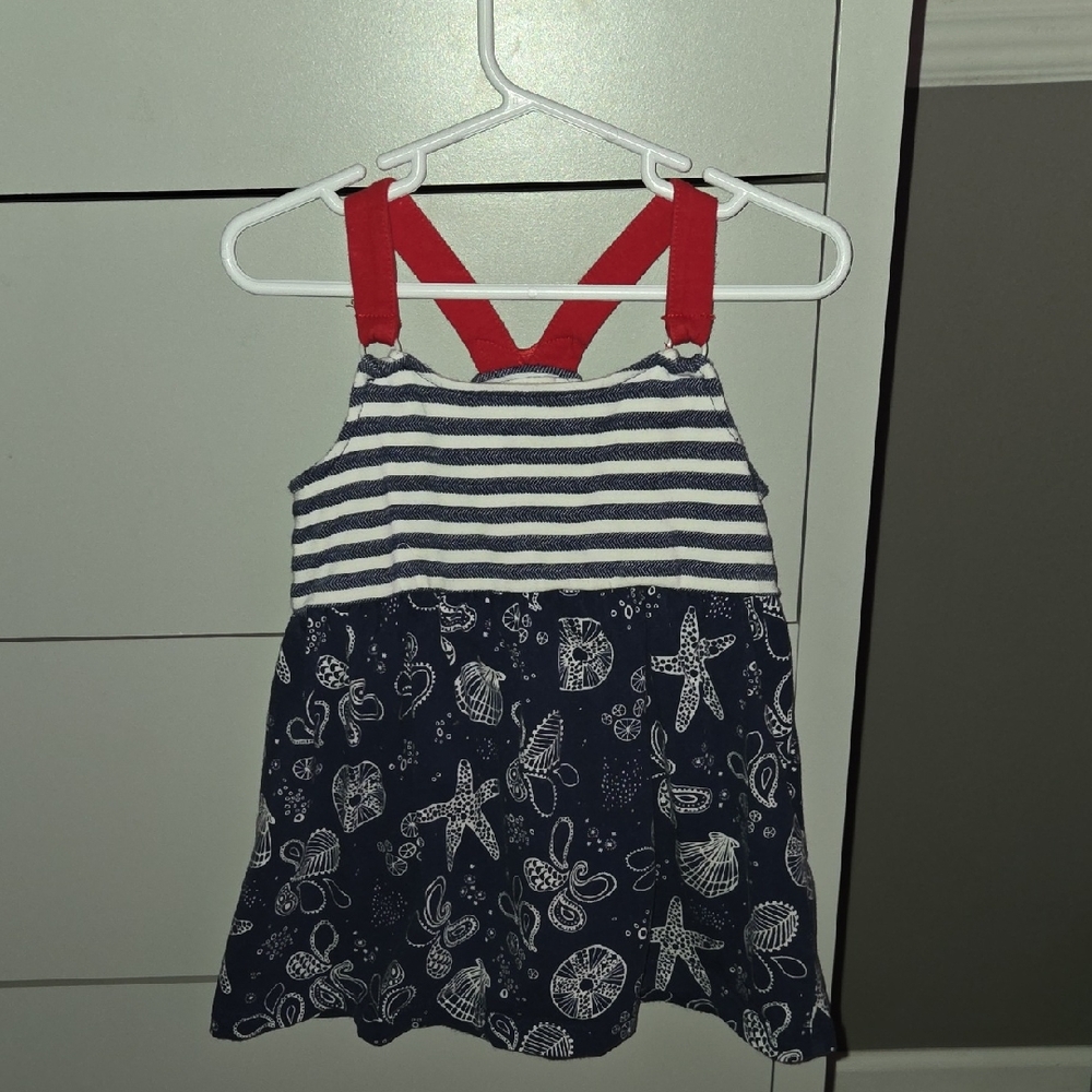 Navy and White Striped Dress with Red Straps